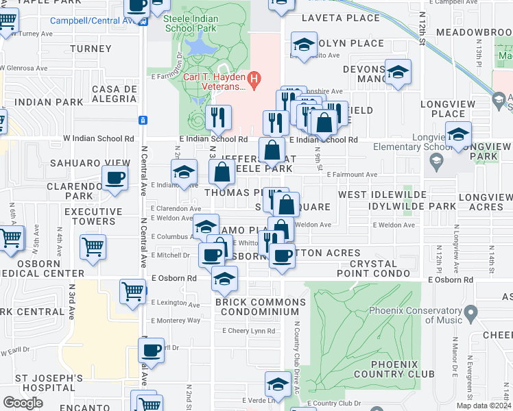 map of restaurants, bars, coffee shops, grocery stores, and more near 3826 North 6th Street in Phoenix