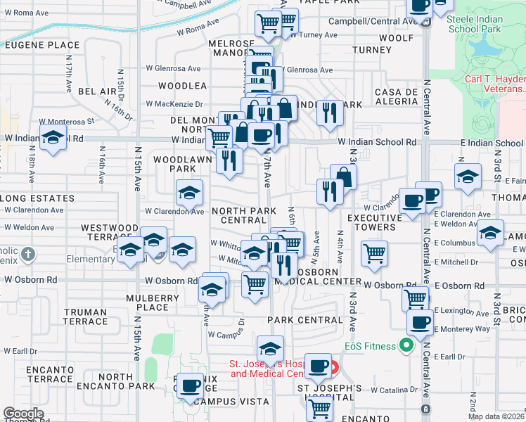 map of restaurants, bars, coffee shops, grocery stores, and more near 7115 West Indianola Avenue in Phoenix