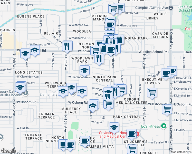 map of restaurants, bars, coffee shops, grocery stores, and more near 848 West Indianola Avenue in Phoenix
