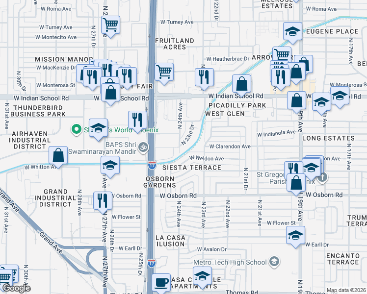 map of restaurants, bars, coffee shops, grocery stores, and more near 3824 North 23rd Drive in Phoenix