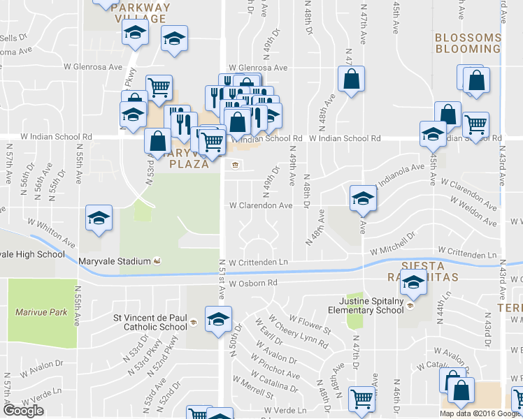 map of restaurants, bars, coffee shops, grocery stores, and more near 3811 North 50th Avenue in Phoenix
