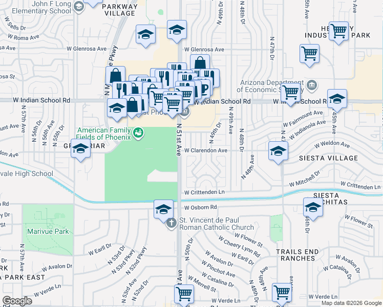map of restaurants, bars, coffee shops, grocery stores, and more near 3811 North 51st Avenue in Phoenix