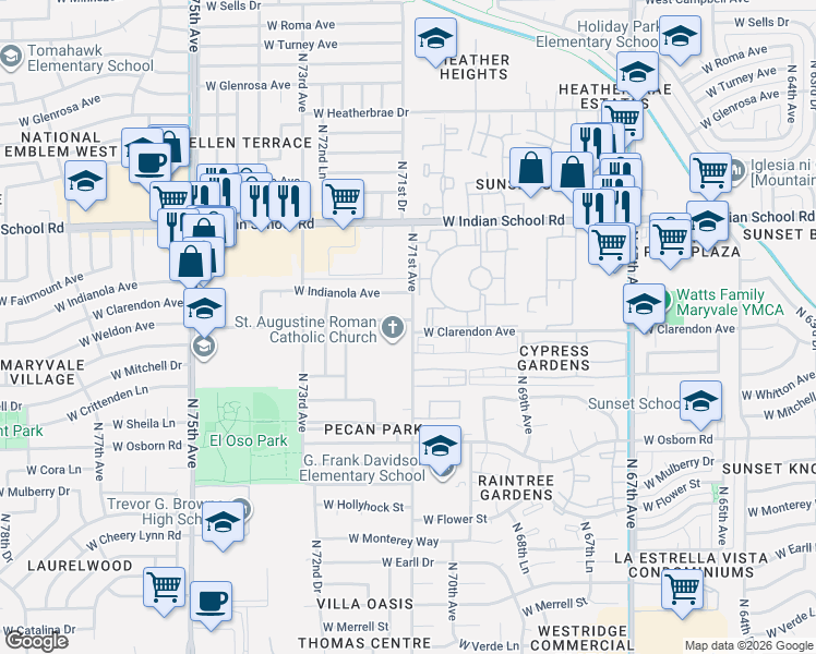 map of restaurants, bars, coffee shops, grocery stores, and more near 7101 West Indianola Avenue in Phoenix