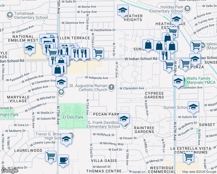 map of restaurants, bars, coffee shops, grocery stores, and more near 7145 West Indianola Avenue in Phoenix