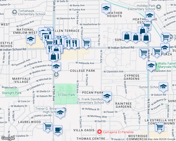 map of restaurants, bars, coffee shops, grocery stores, and more near 3813 North 72nd Lane in Phoenix
