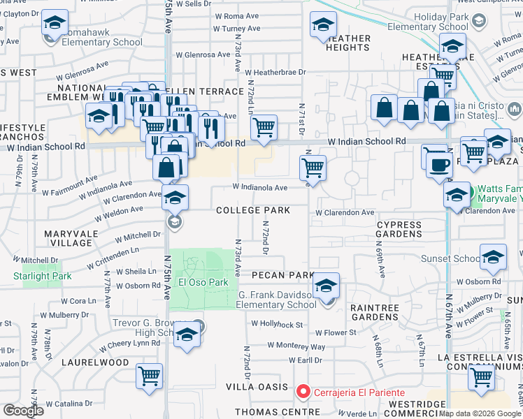 map of restaurants, bars, coffee shops, grocery stores, and more near 3813 North 72nd Lane in Phoenix