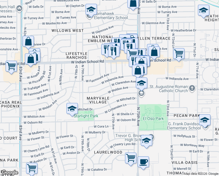 map of restaurants, bars, coffee shops, grocery stores, and more near 7709 West Indianola Avenue in Phoenix