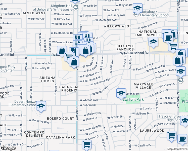 map of restaurants, bars, coffee shops, grocery stores, and more near 8120 West Trafalgar Avenue in Phoenix