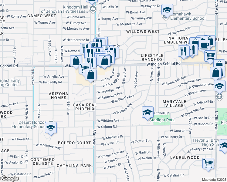 map of restaurants, bars, coffee shops, grocery stores, and more near 8120 West Trafalgar Avenue in Phoenix