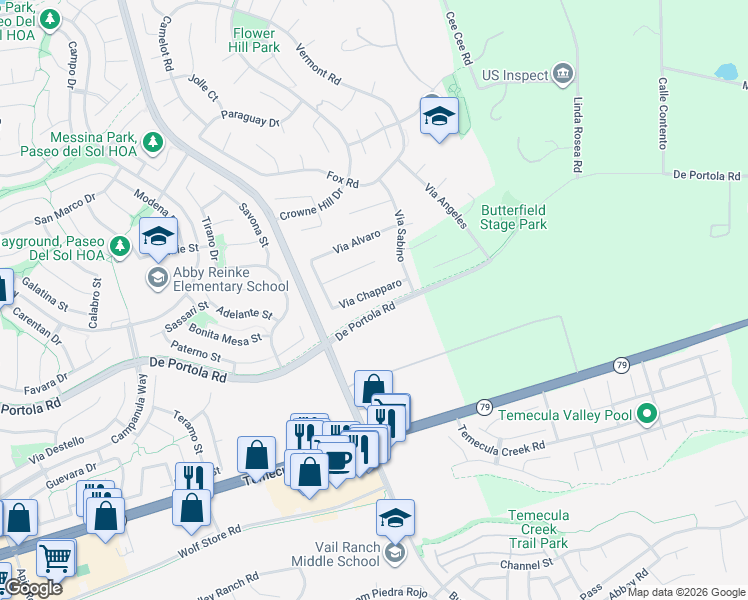 map of restaurants, bars, coffee shops, grocery stores, and more near 33316 Vía Chapparo in Temecula