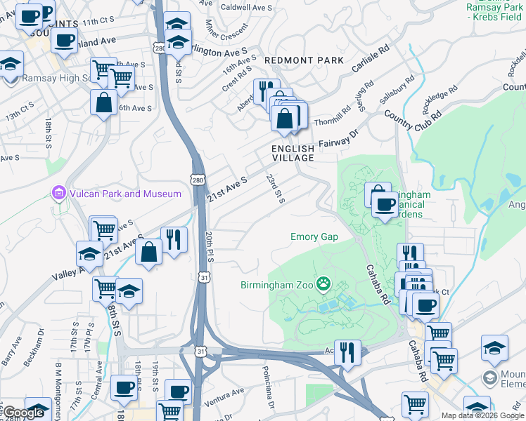 map of restaurants, bars, coffee shops, grocery stores, and more near 2225 English Village Lane in Birmingham