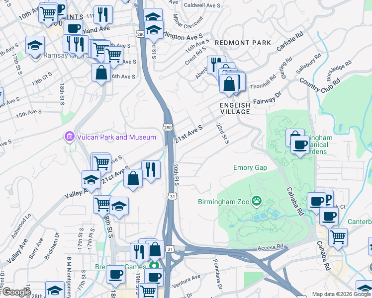 map of restaurants, bars, coffee shops, grocery stores, and more near 2109 21st Avenue South in Birmingham