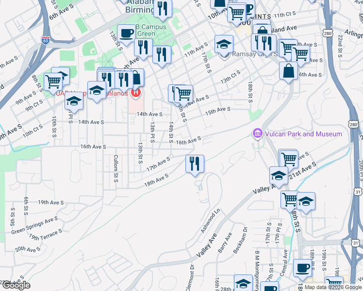map of restaurants, bars, coffee shops, grocery stores, and more near 1542 15th Street South in Birmingham