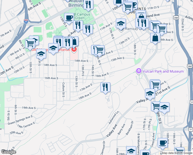 map of restaurants, bars, coffee shops, grocery stores, and more near 1542 15th Street South in Birmingham