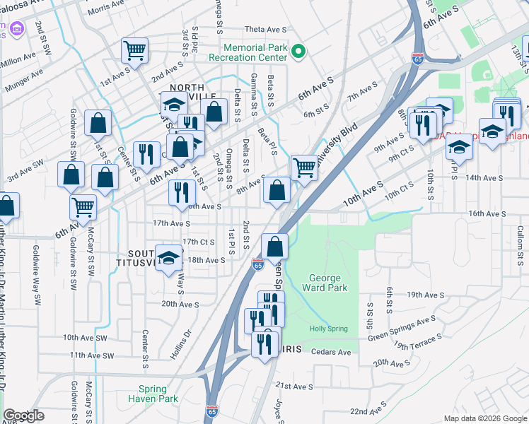 map of restaurants, bars, coffee shops, grocery stores, and more near 936 Beta Street South in Birmingham