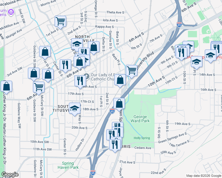 map of restaurants, bars, coffee shops, grocery stores, and more near 809 Delta Street South in Birmingham