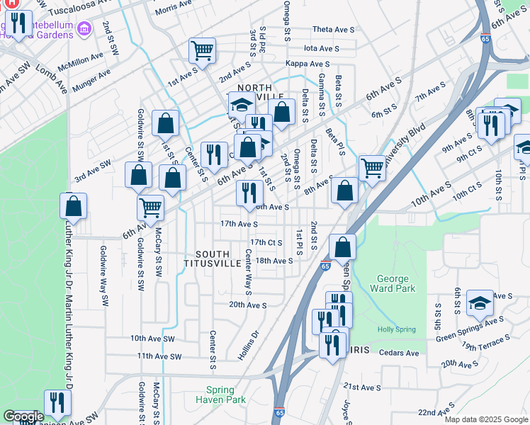 map of restaurants, bars, coffee shops, grocery stores, and more near 708 1st Street South in Birmingham