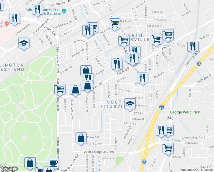 map of restaurants, bars, coffee shops, grocery stores, and more near 27 6th Avenue Southwest in Birmingham