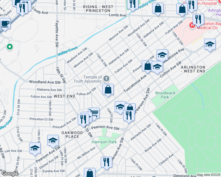 map of restaurants, bars, coffee shops, grocery stores, and more near 1516 Princeton Avenue Southwest in Birmingham