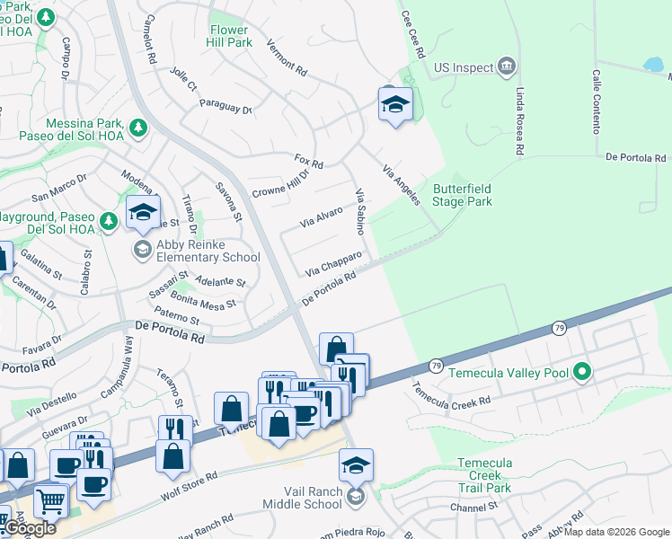 map of restaurants, bars, coffee shops, grocery stores, and more near 33281 Via Chapparo in Temecula