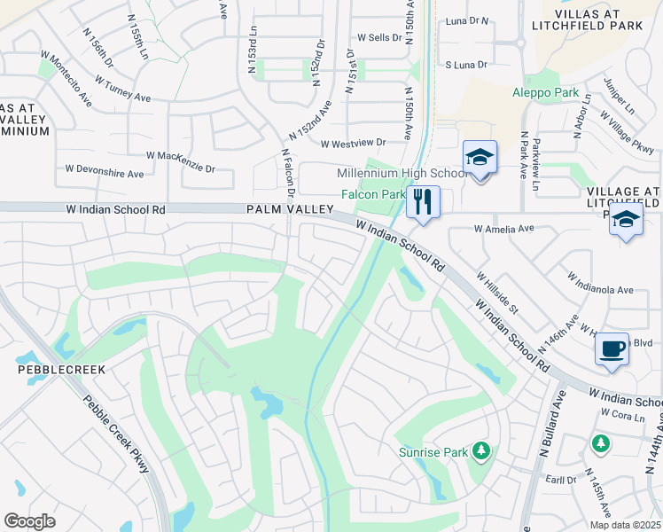map of restaurants, bars, coffee shops, grocery stores, and more near 15099 West Amelia Drive in Goodyear