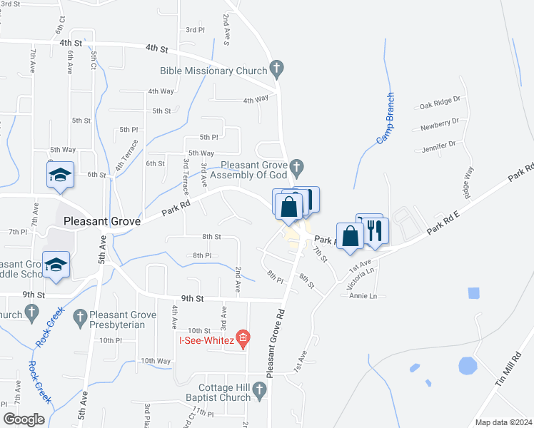 map of restaurants, bars, coffee shops, grocery stores, and more near 147 Park Road in Pleasant Grove