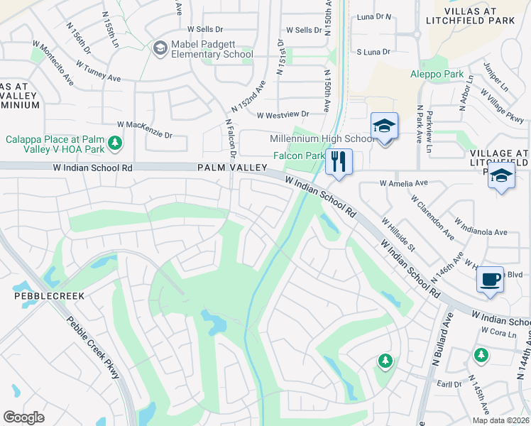map of restaurants, bars, coffee shops, grocery stores, and more near 3923 North 151st Avenue in Goodyear