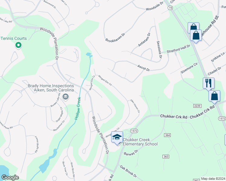 map of restaurants, bars, coffee shops, grocery stores, and more near 160 Winged Elm Circle in Aiken
