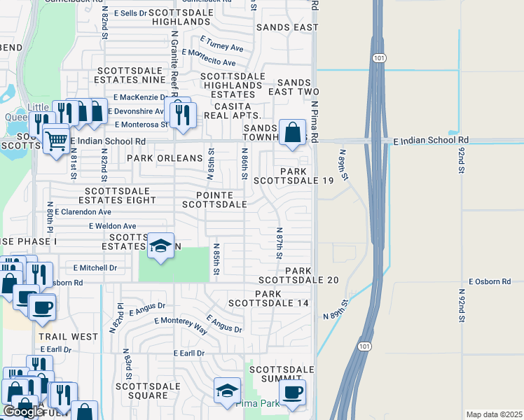 map of restaurants, bars, coffee shops, grocery stores, and more near 8608 East Indianola Avenue in Scottsdale