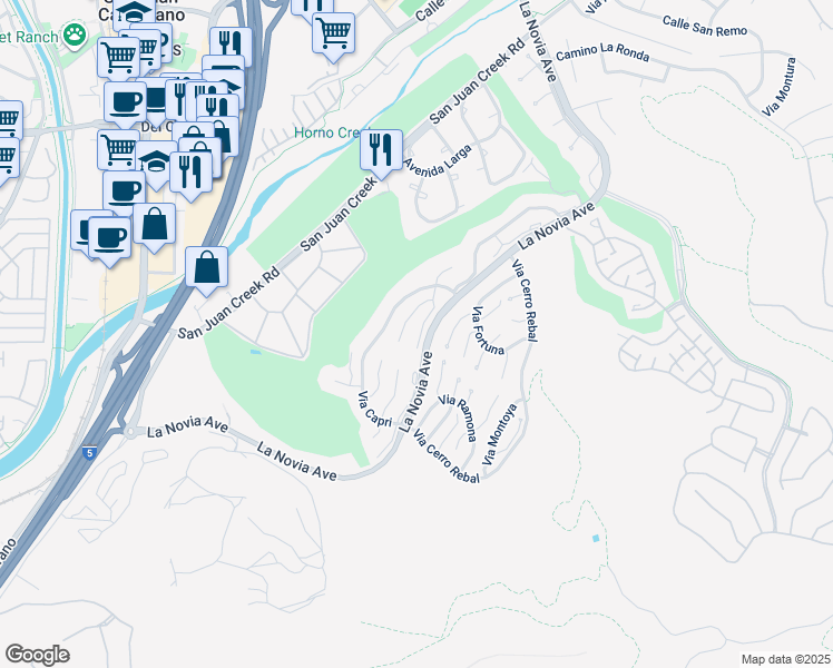 map of restaurants, bars, coffee shops, grocery stores, and more near 27387 Paseo Sienna in San Juan Capistrano