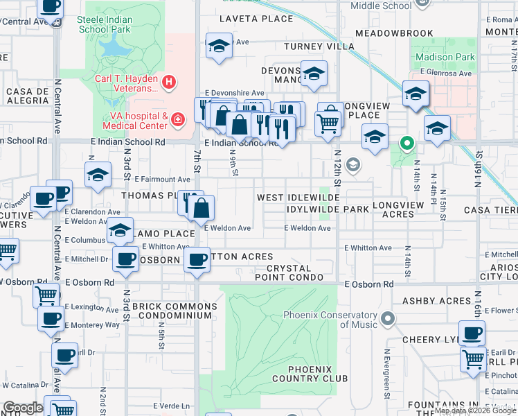 map of restaurants, bars, coffee shops, grocery stores, and more near 1014 East Indianola Avenue in Phoenix