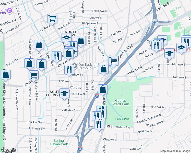 map of restaurants, bars, coffee shops, grocery stores, and more near 809 Delta Street South in Birmingham