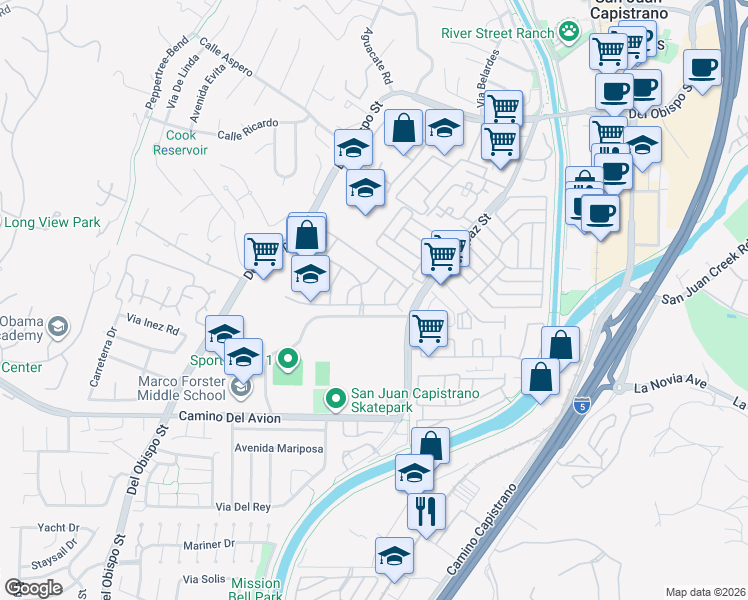 map of restaurants, bars, coffee shops, grocery stores, and more near 26167 Meadow Drive in San Juan Capistrano