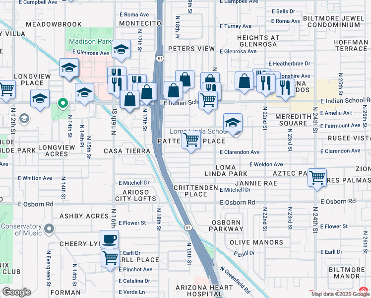map of restaurants, bars, coffee shops, grocery stores, and more near 1901 East Indianola Avenue in Phoenix