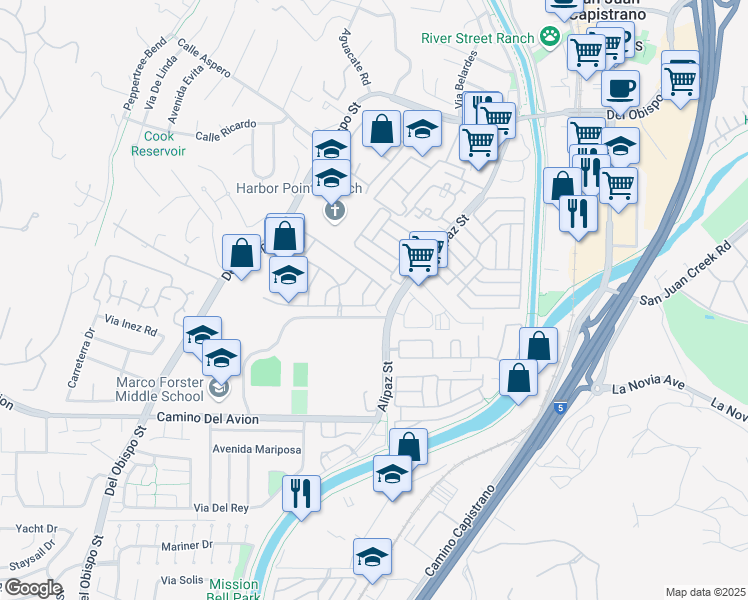 map of restaurants, bars, coffee shops, grocery stores, and more near 26237 Meadow Drive in San Juan Capistrano