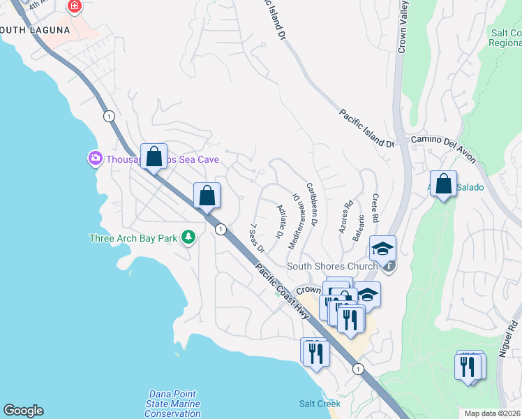 map of restaurants, bars, coffee shops, grocery stores, and more near 32512 7 Seas Drive in Dana Point