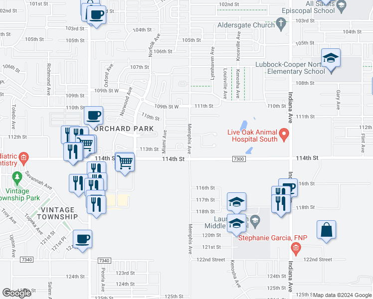 map of restaurants, bars, coffee shops, grocery stores, and more near 113th Street in Lubbock