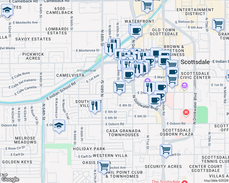 map of restaurants, bars, coffee shops, grocery stores, and more near 6883 East Main Street in Scottsdale