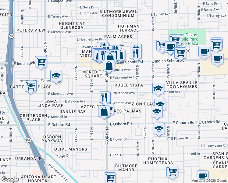 map of restaurants, bars, coffee shops, grocery stores, and more near 2429 East Indianola Avenue in Phoenix