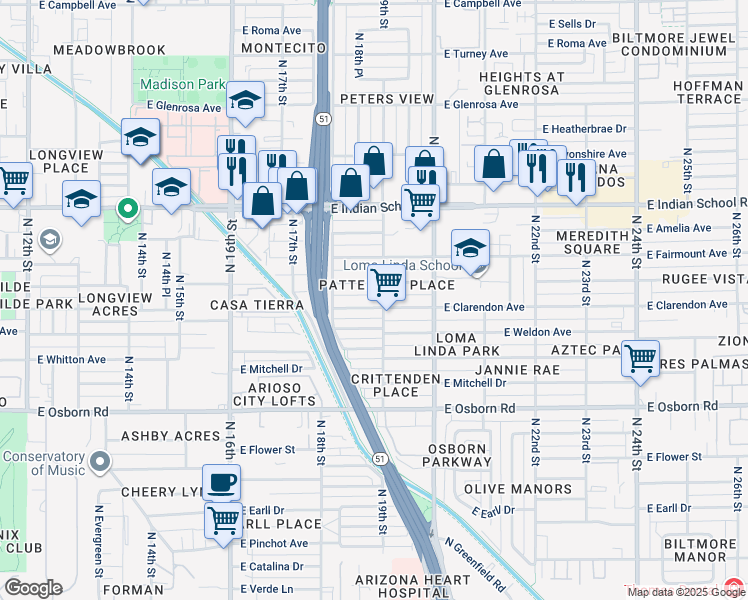 map of restaurants, bars, coffee shops, grocery stores, and more near 1901 East Indianola Avenue in Phoenix