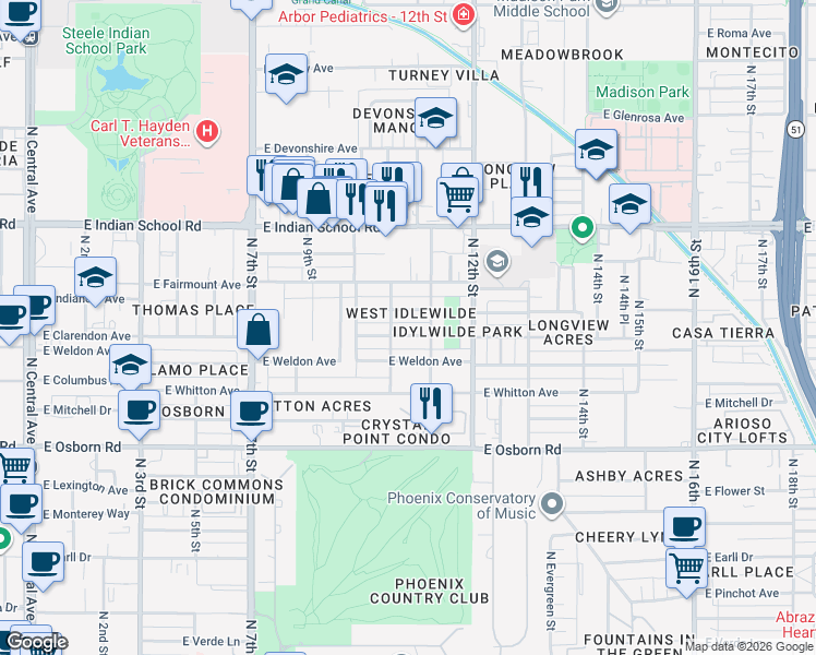 map of restaurants, bars, coffee shops, grocery stores, and more near 1048 East Indianola Avenue in Phoenix