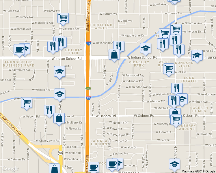 map of restaurants, bars, coffee shops, grocery stores, and more near 3824 North 23rd Drive in Phoenix
