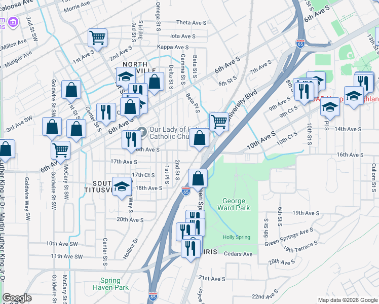 map of restaurants, bars, coffee shops, grocery stores, and more near 936 Beta Street South in Birmingham
