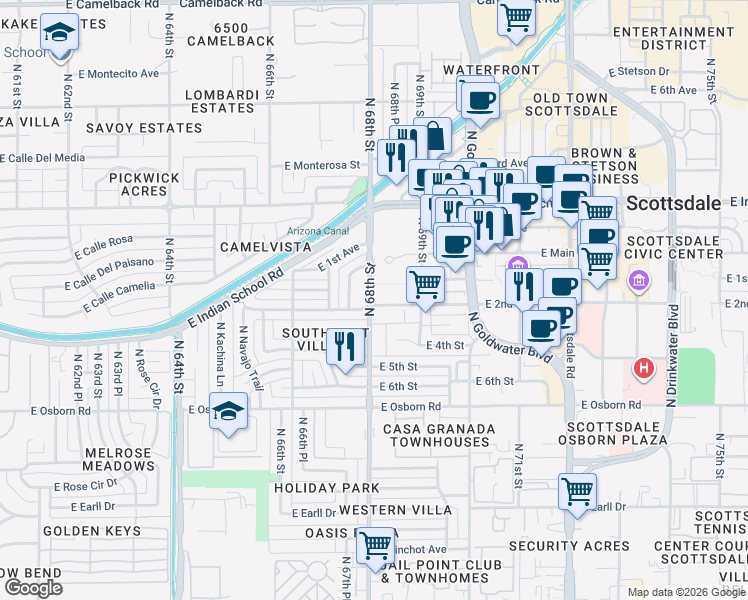 map of restaurants, bars, coffee shops, grocery stores, and more near 6804 East 2nd Street in Scottsdale