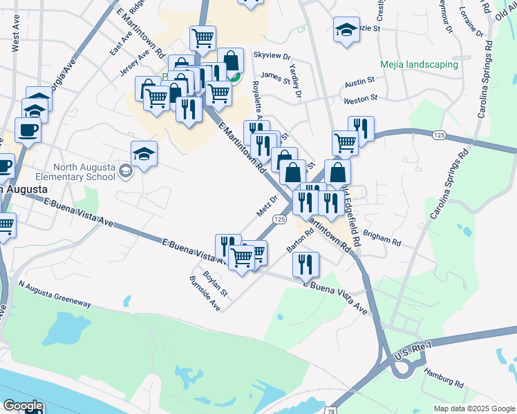 map of restaurants, bars, coffee shops, grocery stores, and more near 476 Metz Drive in North Augusta