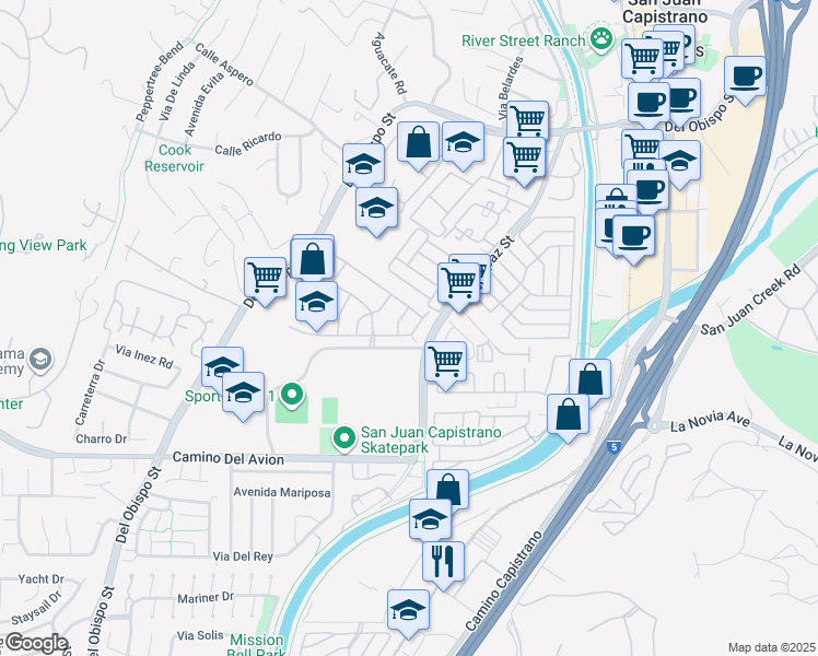 map of restaurants, bars, coffee shops, grocery stores, and more near 26237 Meadow Drive in San Juan Capistrano