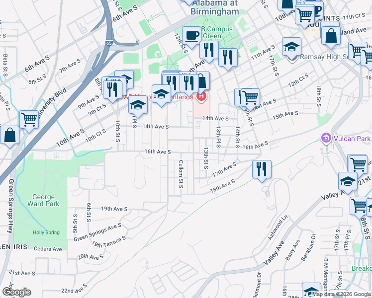 map of restaurants, bars, coffee shops, grocery stores, and more near 1164 16th Avenue South in Birmingham