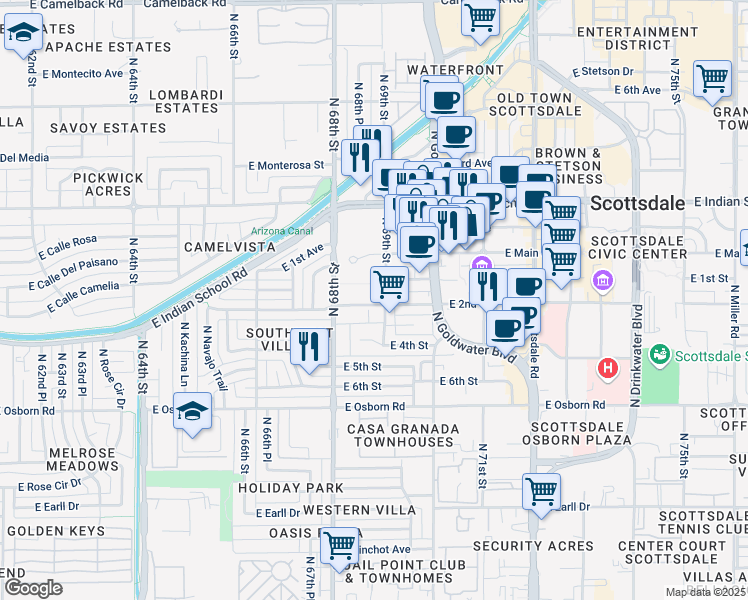 map of restaurants, bars, coffee shops, grocery stores, and more near 6883 East Main Street in Scottsdale