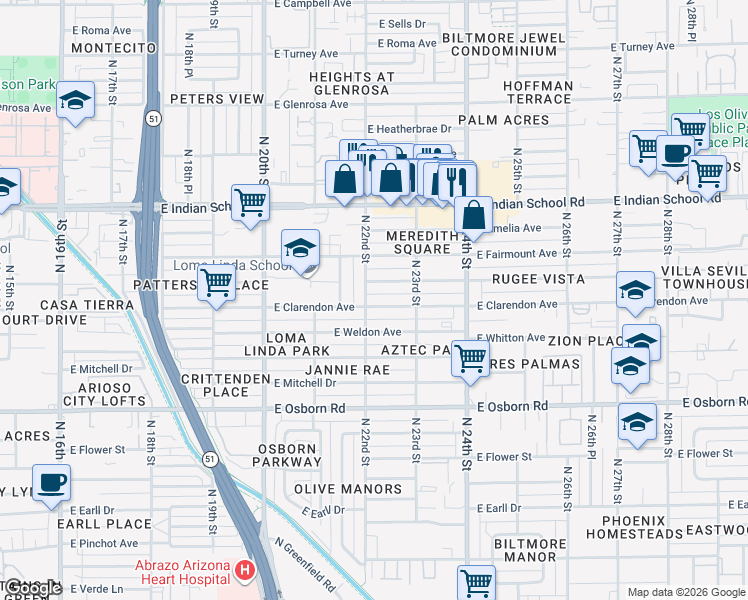 map of restaurants, bars, coffee shops, grocery stores, and more near 2221 East Indianola Avenue in Phoenix