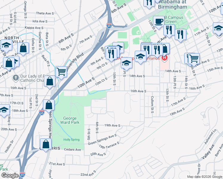 map of restaurants, bars, coffee shops, grocery stores, and more near 1420 10th Street South in Birmingham